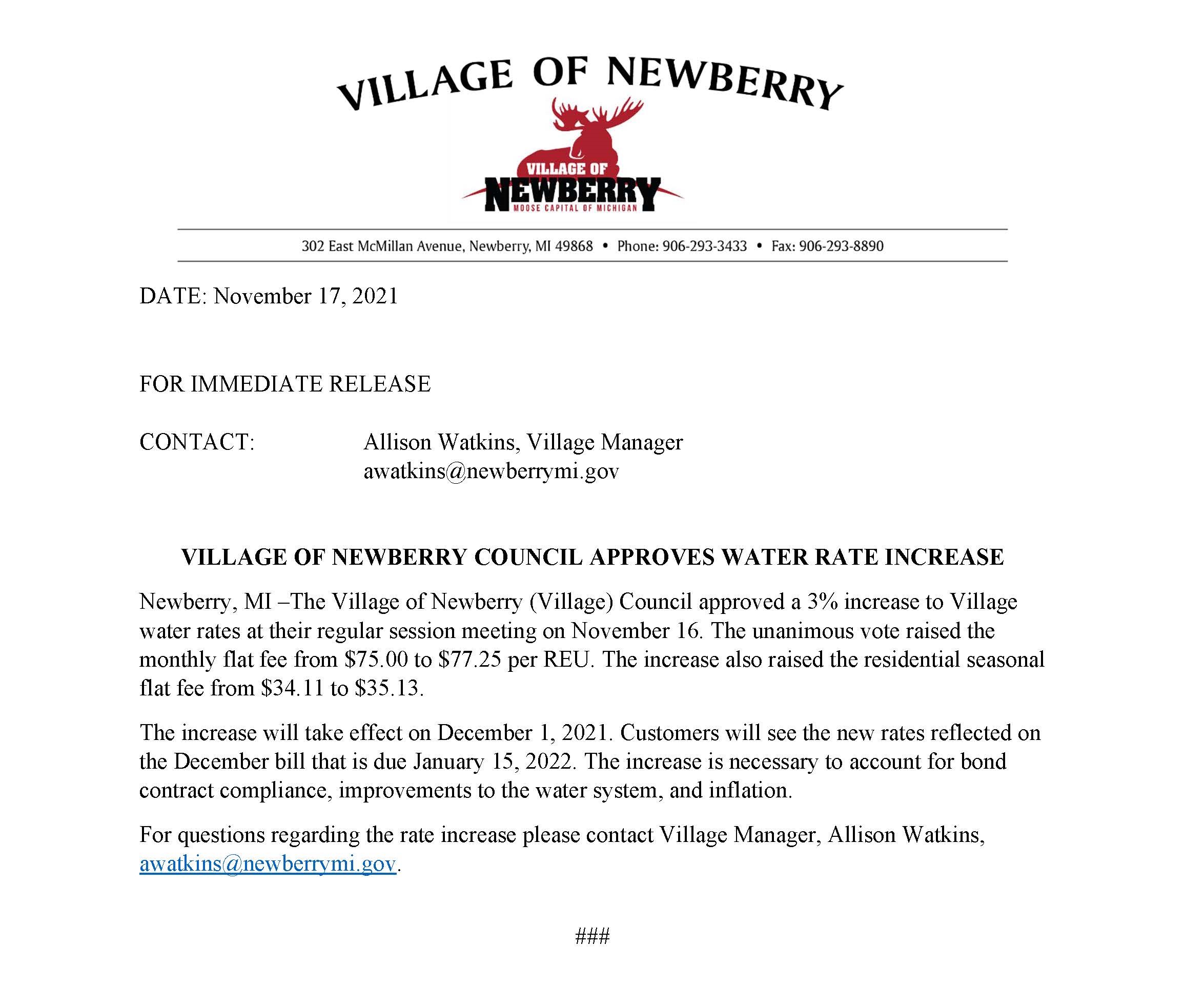 Press Release -  Water Rate Increase Approved